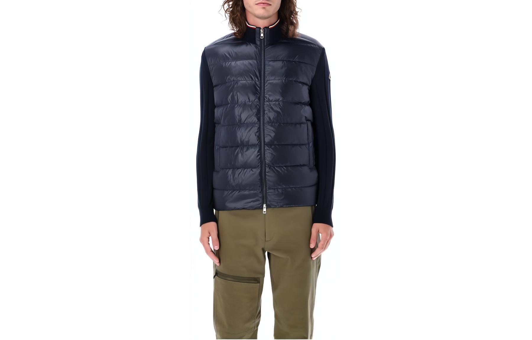 Moncler Logo Stripe Stand Collar Zip Puffer Jacket Navy Blue for Men 9B00001M1509742