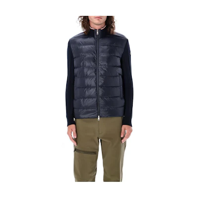 Moncler Logo Stripe Stand Collar Zip Puffer Jacket Navy Blue for Men 9B00001M1509742