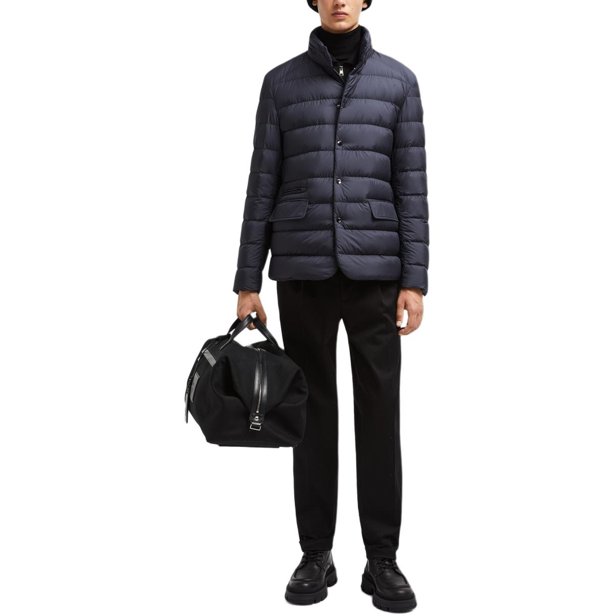 Shop Moncler Malinvern 深藍色短款羽絨外套隱藏帽款中性款式. J20911A00108549SK779