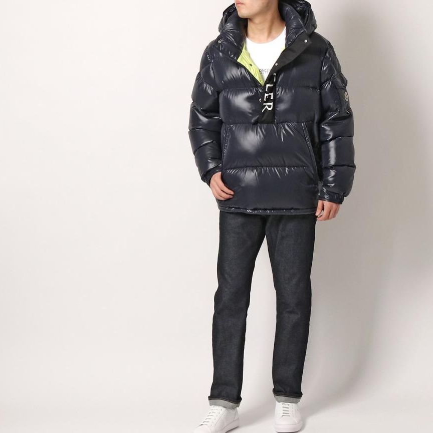 Sizing Moncler Maury Logo Print Half-Zip Hooded Puffer Jacket Men’s Blue. 1A0004068950742