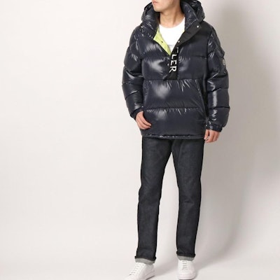 Moncler Maury Logo Print Half-Zip Hooded Puffer Jacket Men’s Blue. 1A0004068950742 Sizing Moncler Maury Logo Print Half-Zip Hooded Puffer Jacket Men’s Blue. 1A0004068950742