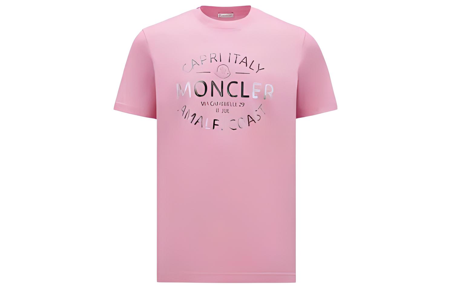 Moncler Metallic Logo Pink Crewneck T-Shirt for Men. J10918C0004089AJS52E