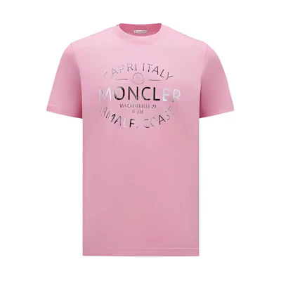 Moncler Metallic Logo Pink Crewneck T-Shirt for Men. J10918C0004089AJS52E
