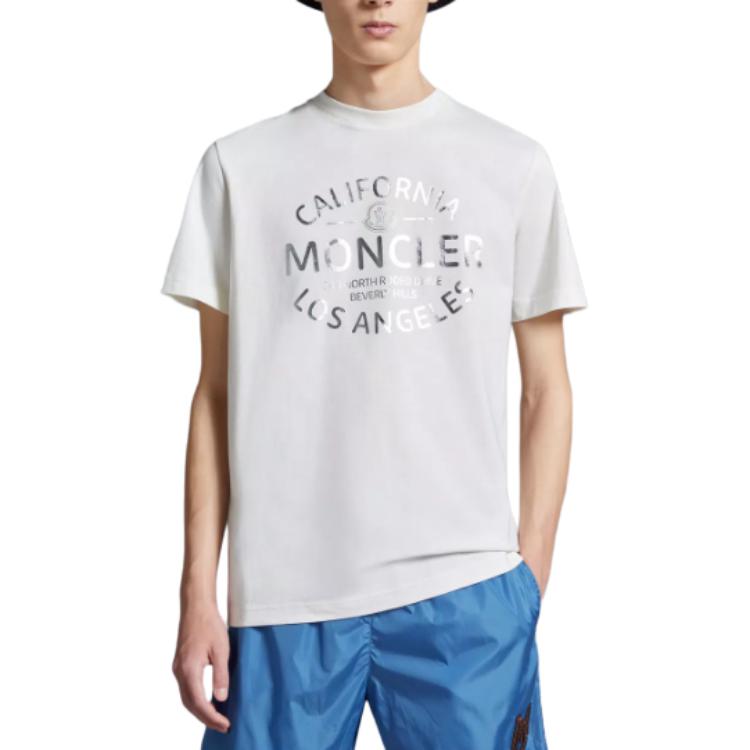 Lookbook Moncler Metallic Logo Print Crewneck T-Shirt White Men’s Short Sleeve Tee J10918C0004089AJS034