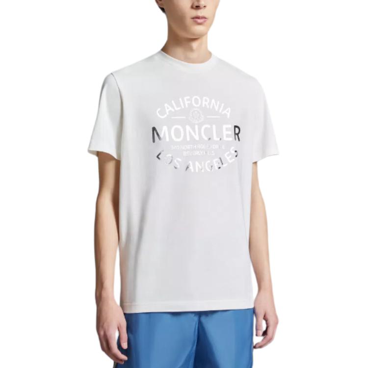 Shop Moncler Metallic Logo Print Crewneck T-Shirt White Men’s Short Sleeve Tee J10918C0004089AJS034