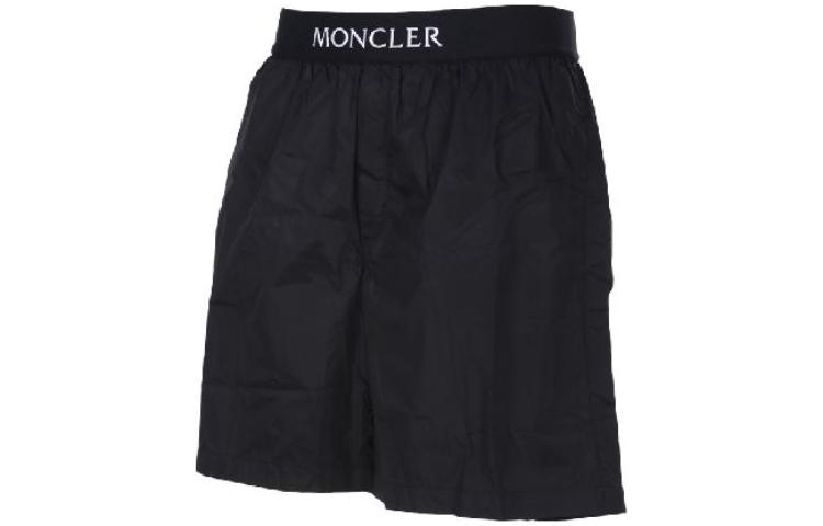 Shop Moncler Mid-Rise Elastic Waist Logo Print Shorts Black 2C00010-53326-999