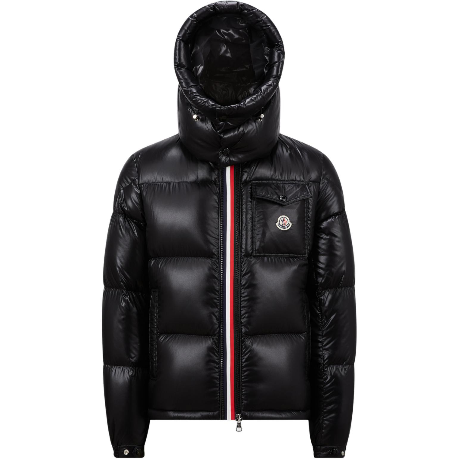 Order Jaket Pendek Unisex Moncler Montbeliard FW24 Hitam dengan Hoodie Bergaris. J20911A51X0068950999