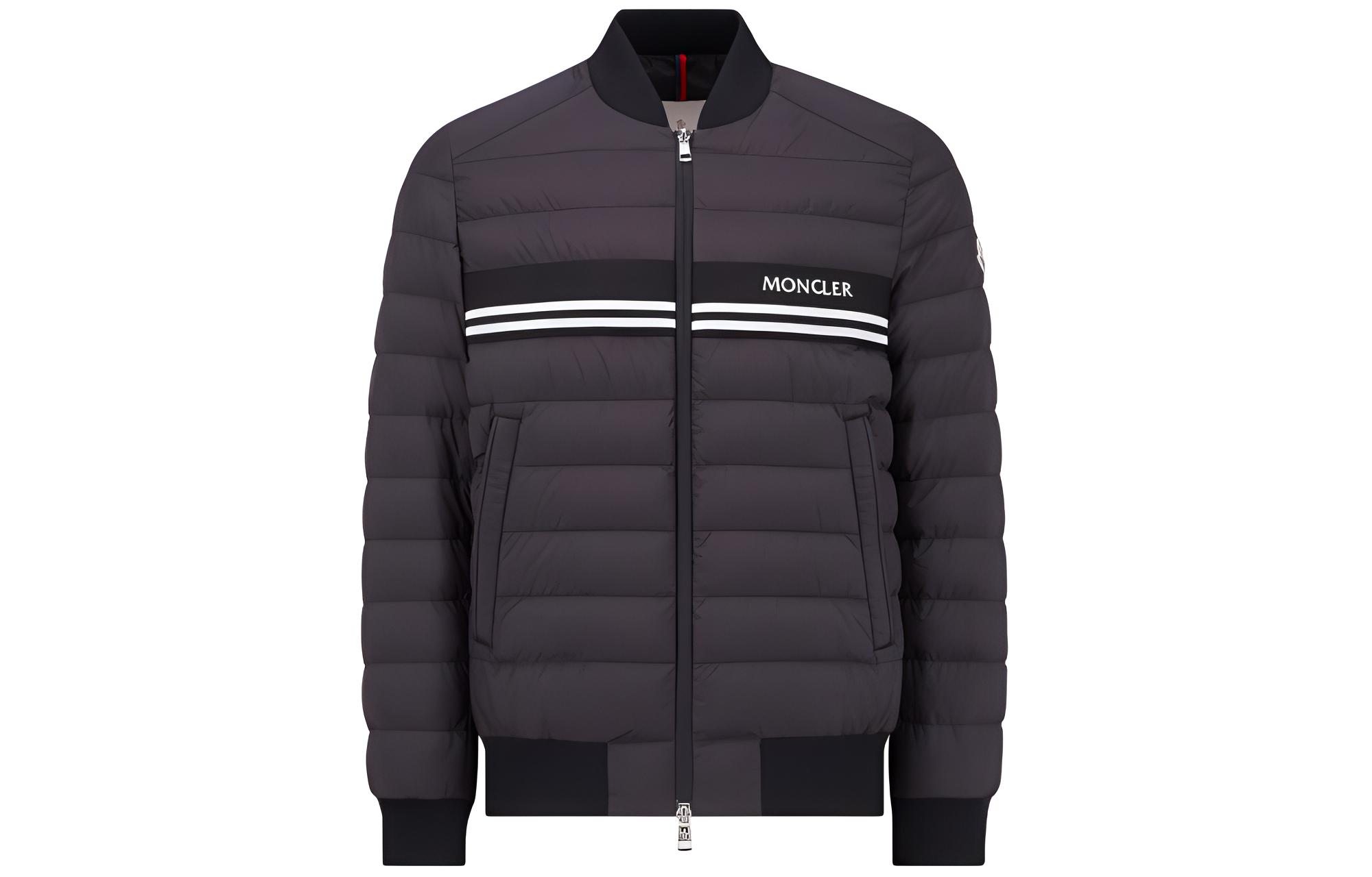 Moncler Mounier SS24  Black Short Bomber Down Jacket with Chest Stripe. J10911A0007554A81999