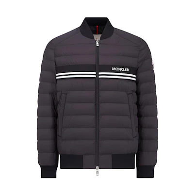 Moncler Mounier SS24 Black Short Bomber Down Jacket with Chest Stripe. J10911A0007554A81999