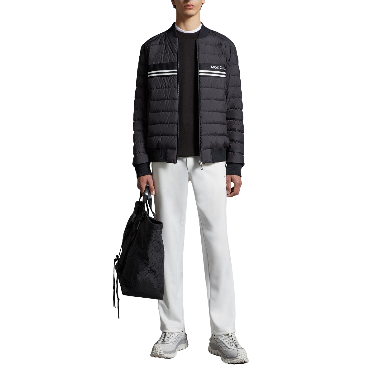 Lookbook Moncler Mounier SS24  Black Short Bomber Down Jacket with Chest Stripe. J10911A0007554A81999