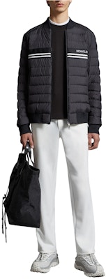 Moncler Mounier SS24 Black Short Bomber Down Jacket with Chest Stripe. J10911A0007554A81999 Lookbook Moncler Mounier SS24 Black Short Bomber Down Jacket with Chest Stripe. J10911A0007554A81999