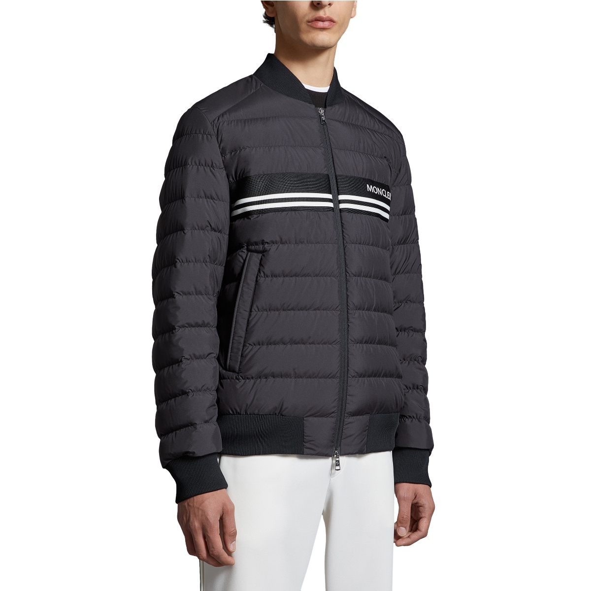 Shop Moncler Mounier SS24  Black Short Bomber Down Jacket with Chest Stripe. J10911A0007554A81999