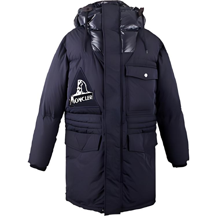 Moncler Navy Blue Hooded Long Down Jacket with Letter Print 4236485C027974S