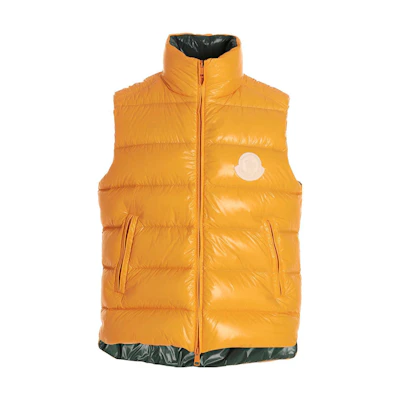 Moncler Parke Down Vest SS23 Yellow Unisex Short Puffer Vest with Logo Patch. 1A00046M2648P38