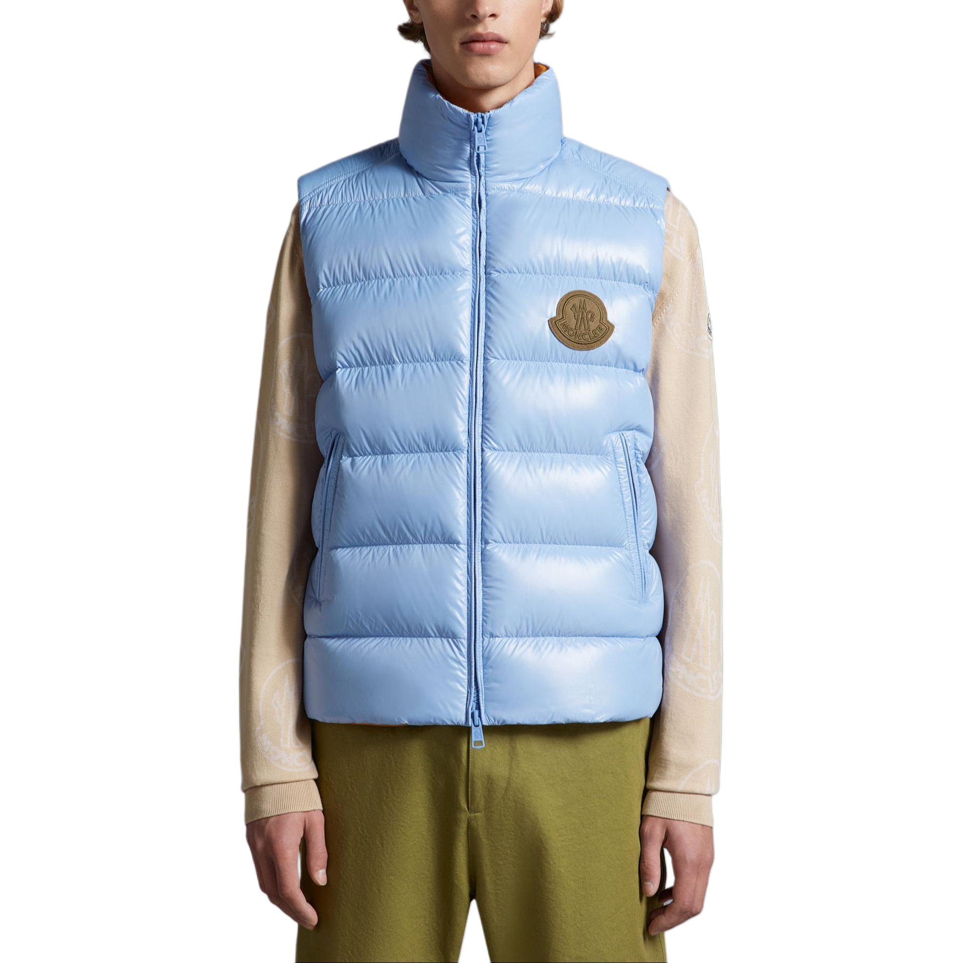 Shop Moncler PARKE Logo Slim Fit Tanpa Lengan Zip Vest Unisex Biru J10911A00079595GJ712