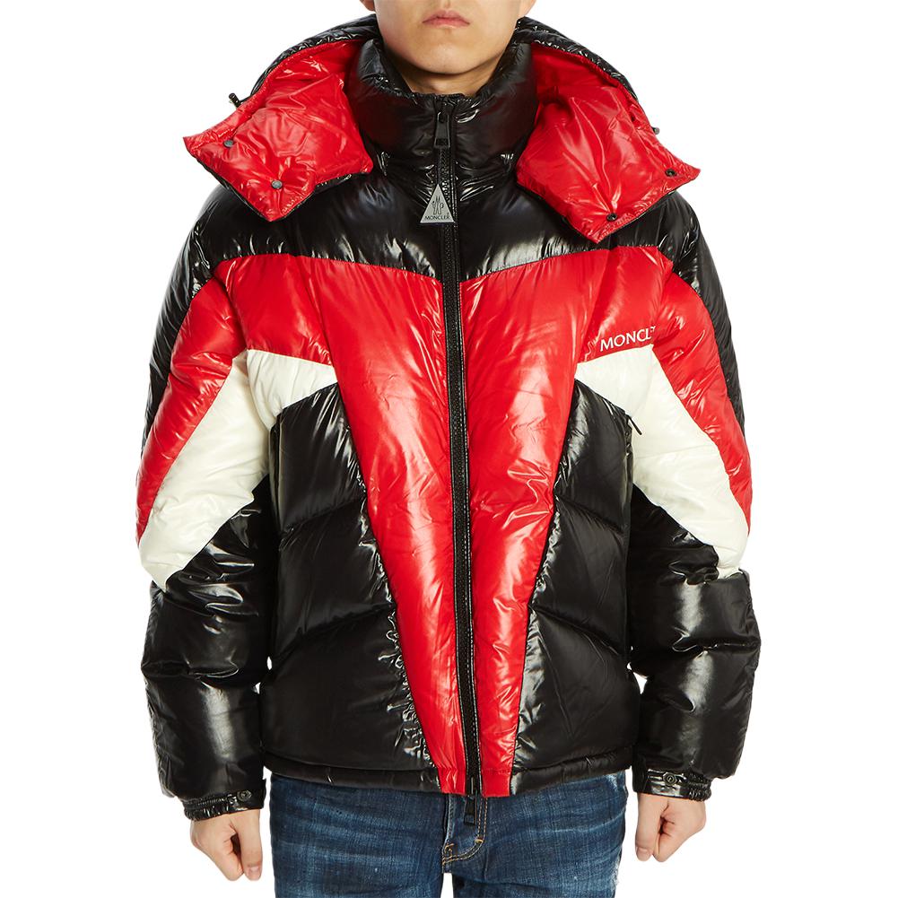 Moncler Red Black Two-Tone Letter Printed Hooded Down Jacket 4138185-68950-999