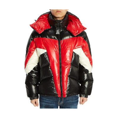 Moncler Red Black Two-Tone Letter Printed Hooded Down Jacket 4138185-68950-999