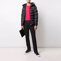 Shop Moncler SALZMAN標誌印花連帽羽絨外套 男女款 黑色保暖夾克 1A0000953048999