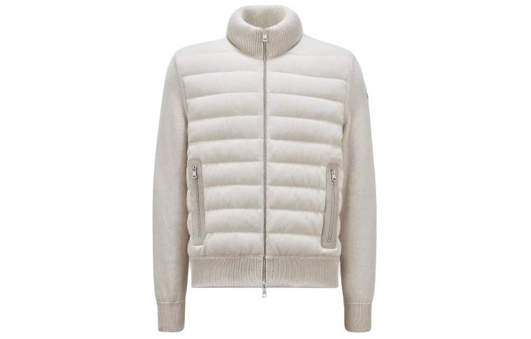 Moncler Sandwich Cotton Zipper Cardigan Beige Down Jacket Sweater J10919B00014M1367215