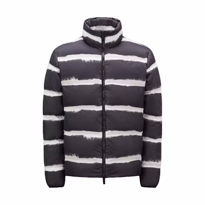 Moncler Sil Black Down Jacket with Striped Stand Collar and Zipper. I20911A001055976SS90