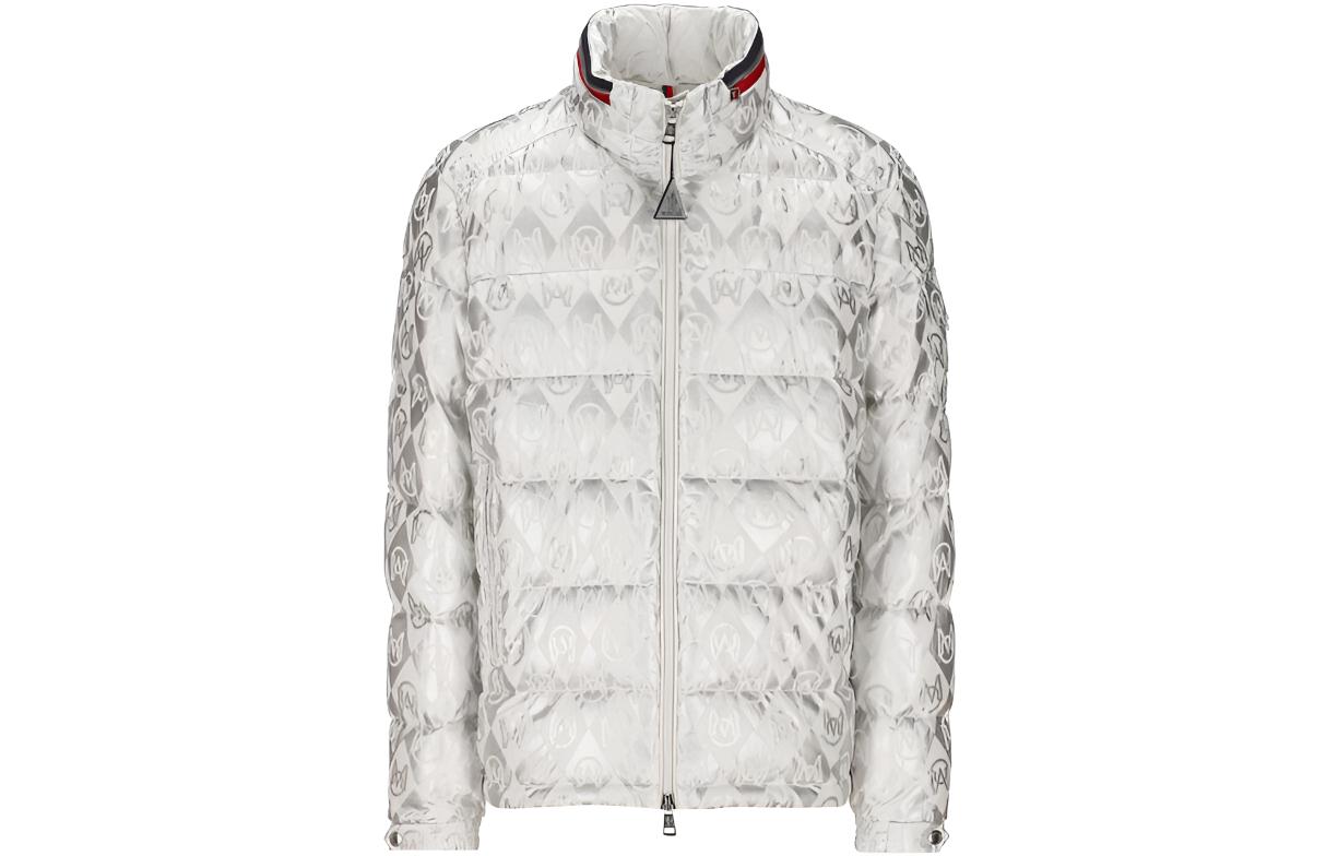 Moncler Silver White Striped Letter Print Down Jacket with Stand Collar 1A00023-5970W-S09