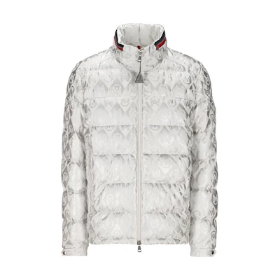 Moncler Silver White Striped Letter Print Down Jacket with Stand Collar 1A00023-5970W-S09