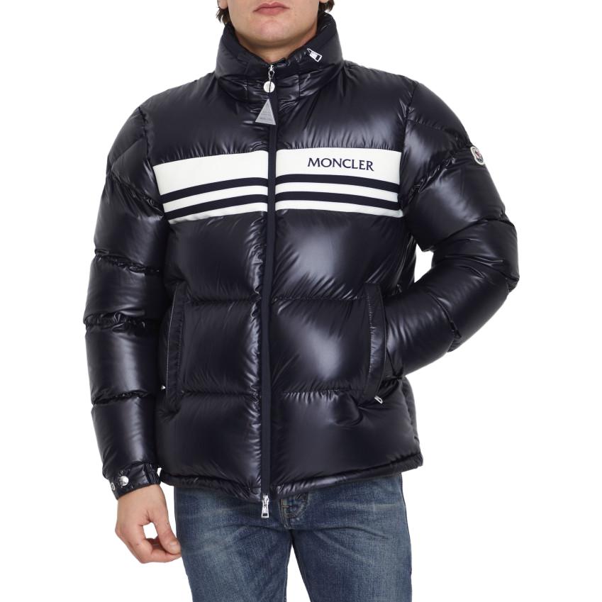 Shop Moncler Skarstind Jaket Bulu Zip-Up Unisex Navy Blue Letter Print 1A00119595ZJ778