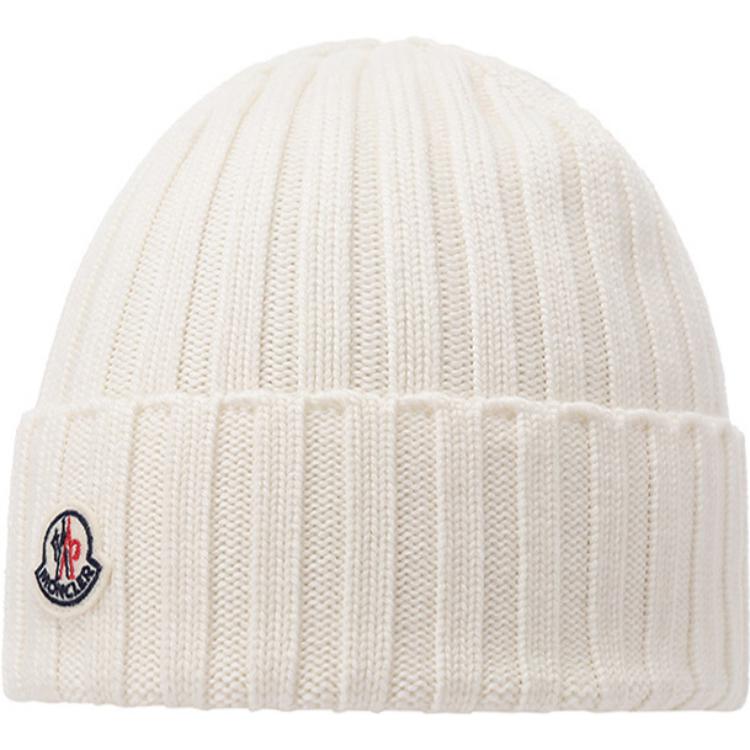 Lookbook Moncler Small Logo Wool Knit Beanie Unisex Couple Style in Off-White. I20933B00036A9327030