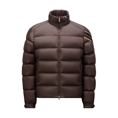Moncler Solayan FW24 Brown Down Jacket with Hood & Tricolor Stripe Collar. J20911A00066549SK243