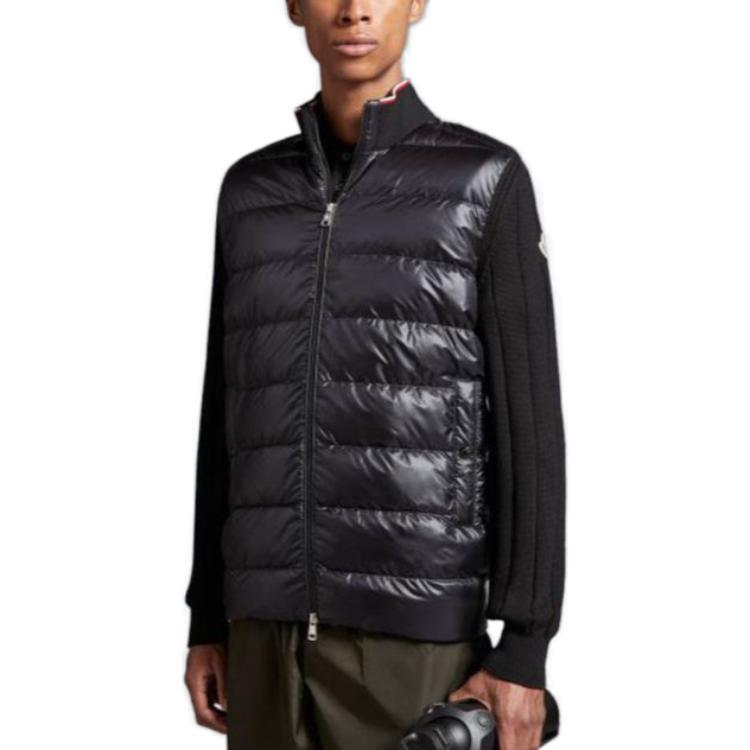 Lookbook 몽클레르 블랙 솔리드 컬러 리브드 칼라 집업 스웨터 남성 긴팔. I20919B00001M1509999