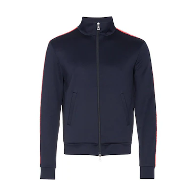 Moncler Solid Color Zip-Up Jacket with Striped Sleeves - Blue 8420100-8299R-778