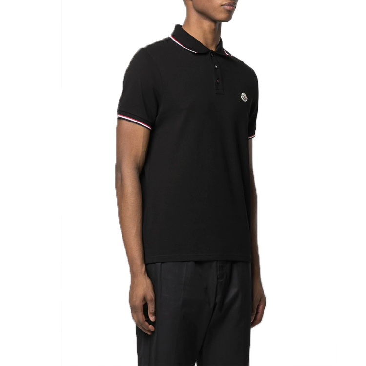 Shop Moncler SS21 黑色徽標條紋短袖POLO衫。 8A7030084556999
