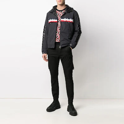 Moncler SS21 Black Logo Striped Down Jacket with Hood. 1B50A0054A91998 Lookbook Moncler SS21 Black Logo Striped Down Jacket with Hood. 1B50A0054A91998