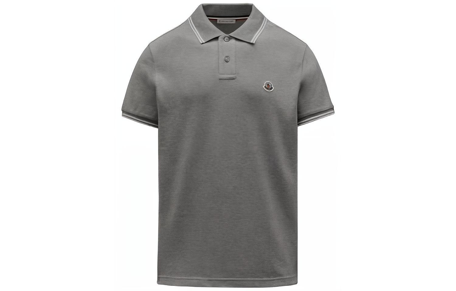Moncler SS21 Grey Polo Shirt with Stripe Detail and Logo for Men. 0918A7060084556984