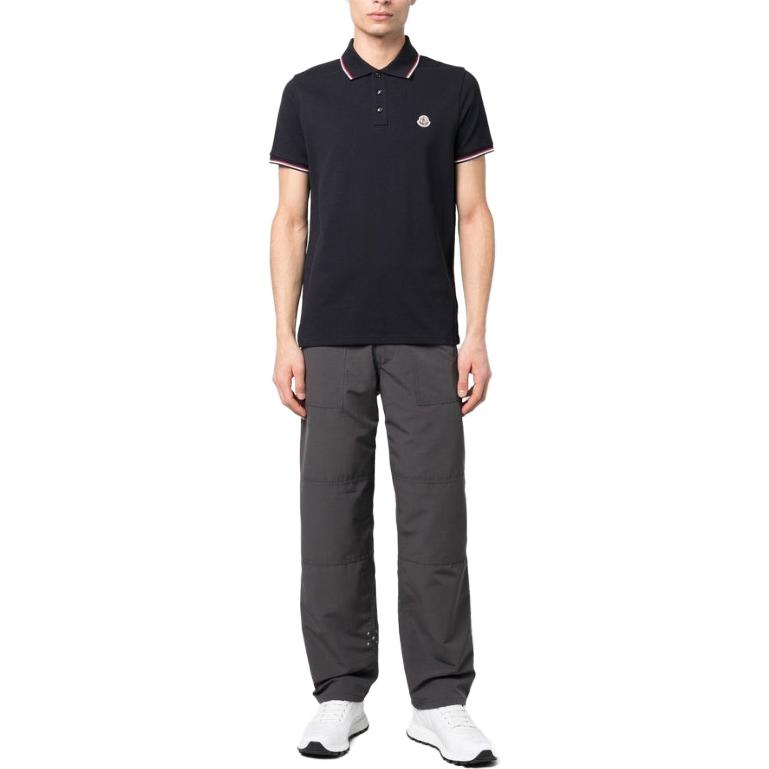 Shop Moncler SS21 海軍藍棉質徽標針織POLO衫 0918A7030084556773