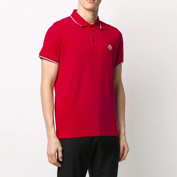 Shop Moncler SS21 紅色條紋短袖徽標POLO衫 8A7030084556455