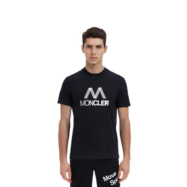 Sizing Moncler SS22 Baju Hitam Crewneck dengan Rekaan Cetakan Logo. H10918C00038829H8999