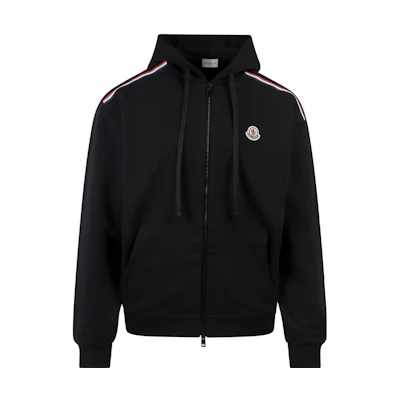 Moncler SS22 Black Logo Hoodie with Tricolor Zip and Striped Detailing. H10918G00047809LA999