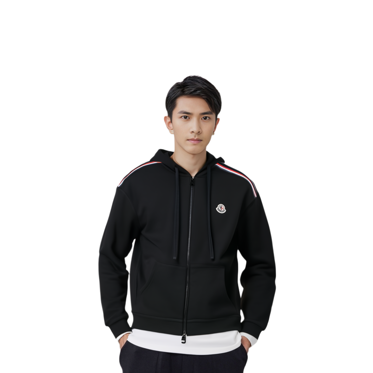 Purchase Moncler SS22 黑色標誌連帽衫，配三色拉鍊及條紋細節設計。 H10918G00047809LA999