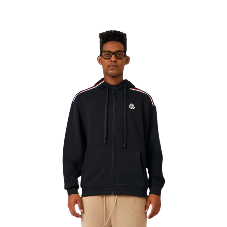 Details for Moncler SS22 黑色標誌連帽衫，配三色拉鍊及條紋細節設計。 H10918G00047809LA999