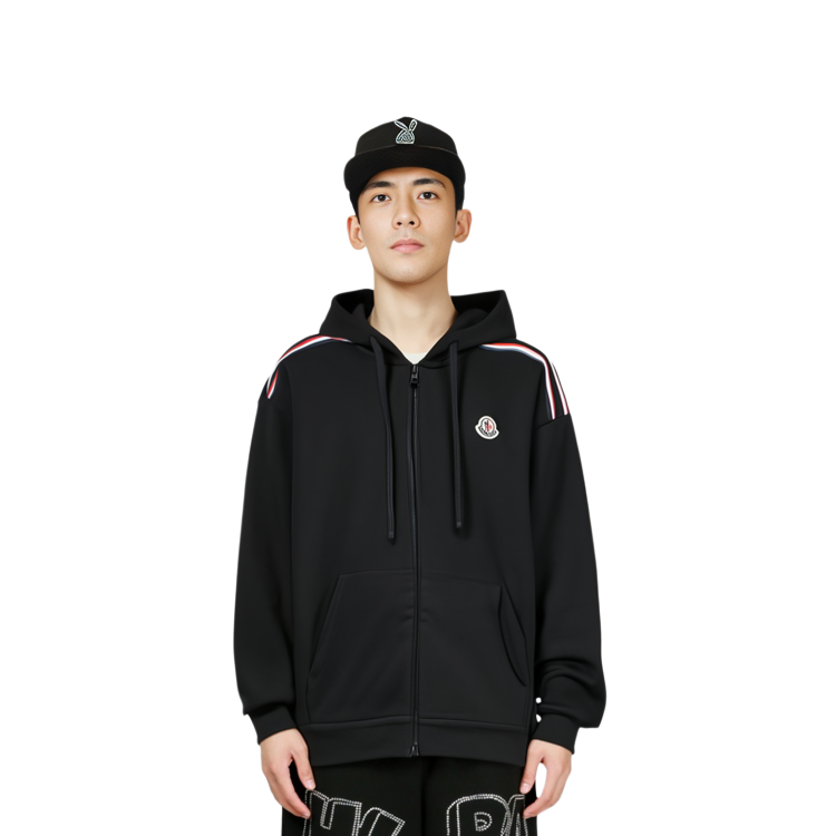 Sizing Moncler SS22 黑色標誌連帽衫，配三色拉鍊及條紋細節設計。 H10918G00047809LA999