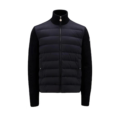 Moncler SS22 Blue Knit Cardigan with Patchwork Logo and Zipper. H20919B00007M1131769