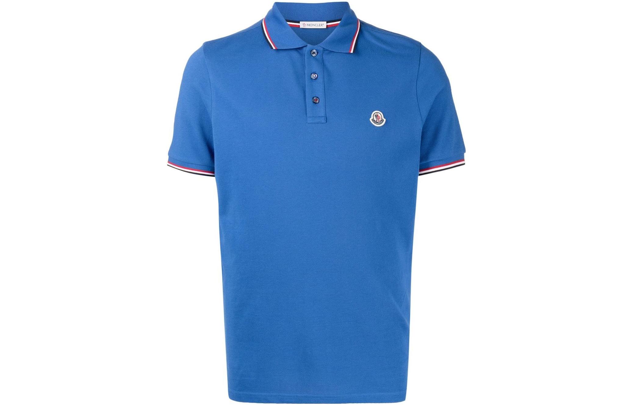 Moncler SS22  Blue Polo Shirt with Logo Print and Single-Breasted Collar. 8A7030084556793