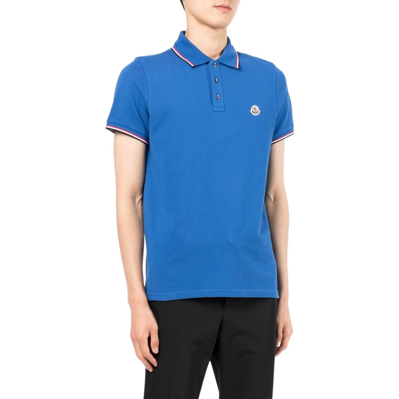 Shop Moncler SS22 Baju Polo Biru dengan Cetakan Logo dan Kolar Single-Breasted. 8A7030084556793