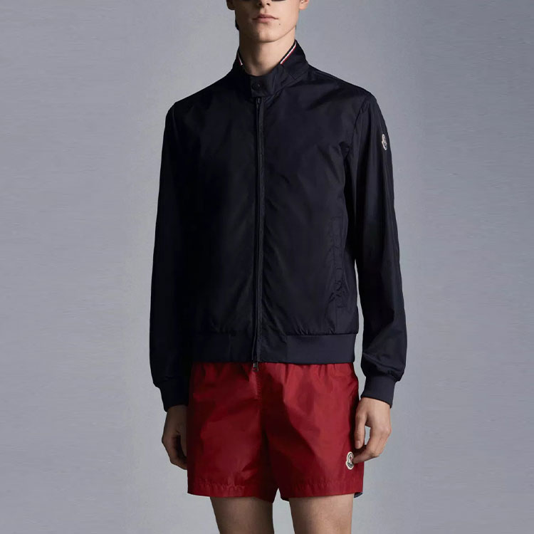 Shop Moncler SS22 Jaket Waterproof Biru dengan Logo Patch Solid. H10911A0007868352775