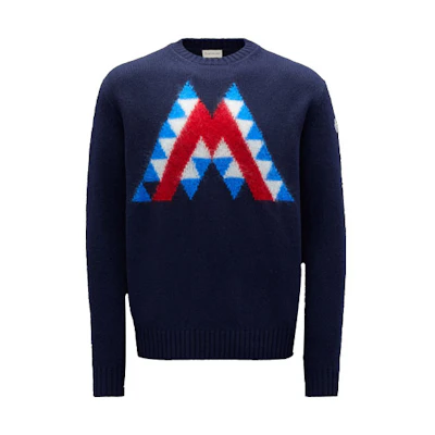 Moncler SS22 Crewneck Pullover Sweater Navy Blue with Graphic Design. H20919C00008M2024769