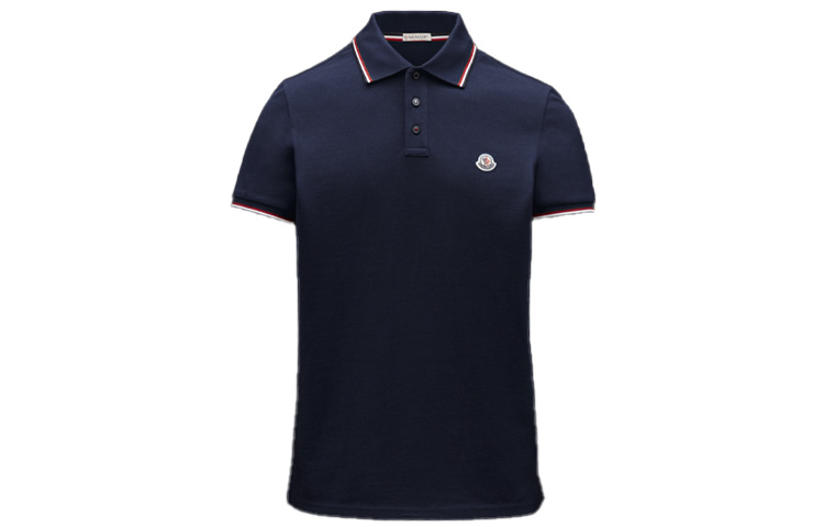 Moncler SS22  Indigo Polo Shirt with Logo Patch and Striped Trim. H20918A7030084556796