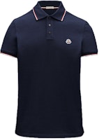 Moncler SS22 Indigo Polo Shirt with Logo Patch and Striped Trim. H20918A7030084556796 Moncler SS22 Indigo Polo Shirt with Logo Patch and Striped Trim. H20918A7030084556796