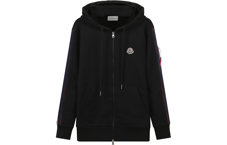 Moncler SS22 Black Cotton Logo Tape Zip-Up Jacket Back-to-School Hoodie Men 8G00037809KR999