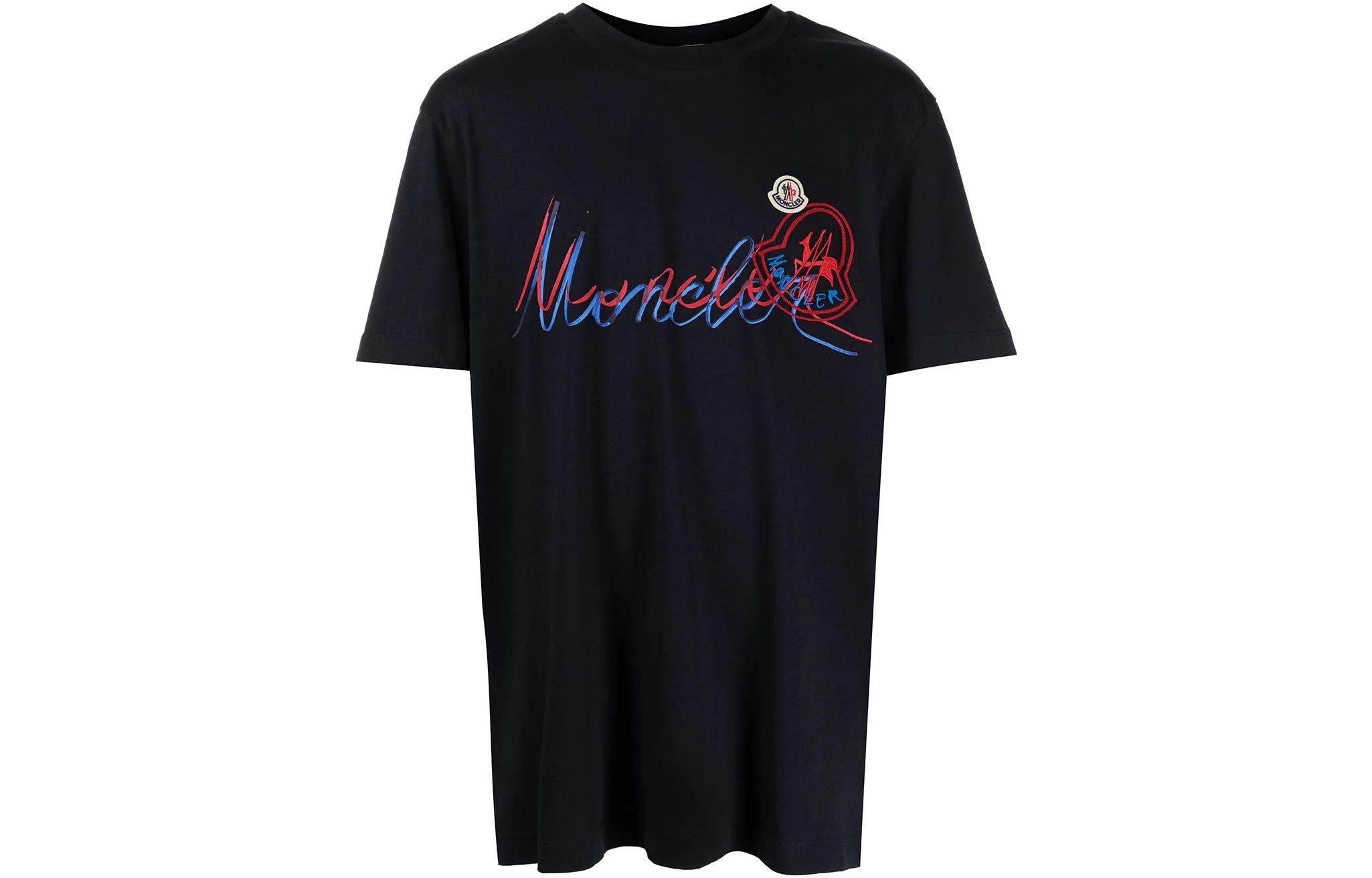 Order Moncler SS22 Baju T-Shirt Leher Bulat Hitam Logo Cetak Santai H10918C000428390T778